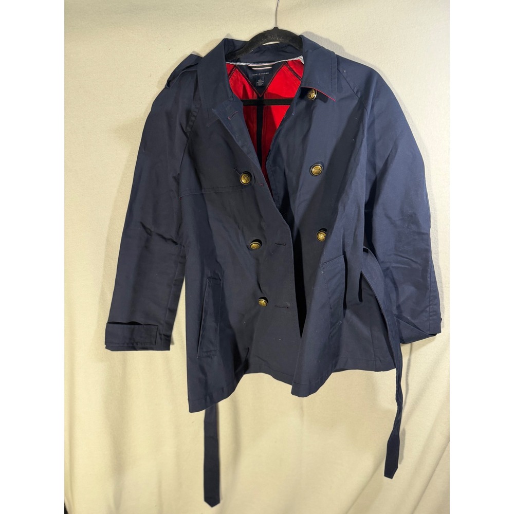 Tommy Hilfiger Navy Blue Double Breasted Trench Coat Red Lining Gold Buttons M
